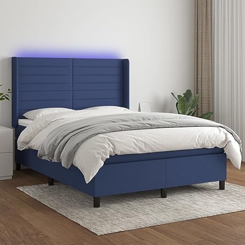Owoxanthellate LED Boxspringbett 140x190 cm Blau mit Taschenfederkernmatratze, höhenverstellbarem Kopfteil, atmungsaktivem Bezug