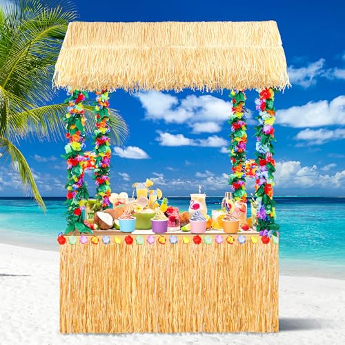 Fovths 7 Pcs Tiki Bar Hut Kit, 53 x 22 x 55 Inch Hawaiian Bar Hut, Hawaiian Party Decoration Kit with Straw Roof Grass Table Skirt Luau Party Flower Garland for Summer Luau Part Decorations