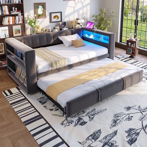 Xwiny Polsterbett 90×190 cm, Tagesbett mit Großem Stauraum und LED-Beleuchtung, Einzelbett mit Ausziehbett, Multifunktionalem Schlafsofa, Dunkelgrau (Ohne Matratze)