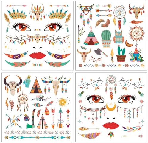 Qpout 8 Sheets Boho Dream Catcher Indians Gesicht temporäre Tattoos, wasserdichte bohemische Elemente indigene Völker Tattoo-Aufkleber für Männer Frauen Halloween-Make-up-Kostüm-Accessoires