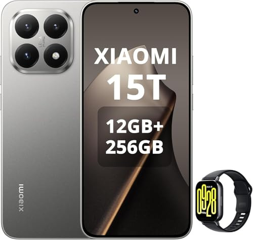 XIAOMI Smartphone 15T, 12+256 GB, Pantalla de 6,83 y 120 Hz, MediaTek Dimensity 8400-Ultra, Lente óptica Leica Summilux de 50 MP, 5500 mAh, 2 años de garantía, Smartwatch Incluido, Gris