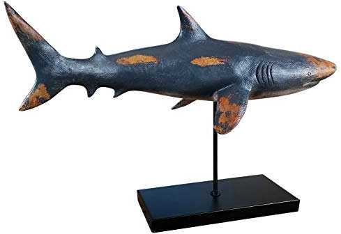 MichaelNoll Hai Haifisch Fisch Dekofigur Statue Skulptur Polyresin Modern - Maritime Deko für Wohnung in Holz-Optik - Dekoration für Wohnzimmer, Schlafzimmer oder Badezimmer - XXL 59x24x38,5 cm
