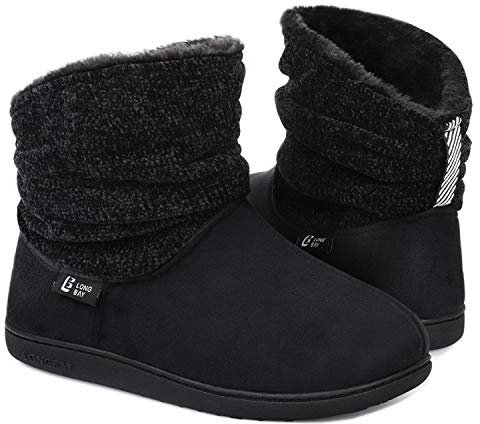 LongBay Ladies' Warm Chenille Knit Bootie Slippers Women's Comfy Suedette Fluffy Faux Fur Memory Foam Boots House Shoes(5-6 UK,Black)