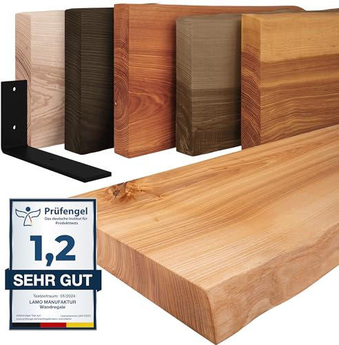 LAMO Manufaktur Wandregal Holz Baumkante | Regal Farbe: Natur | mit schwarzem Basic Regalträger | 50 cm