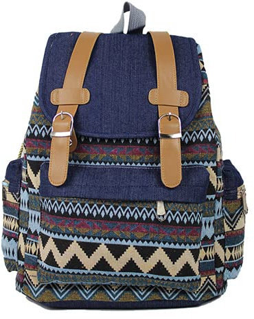 freesiom Sac à Dos Femme Feminin Grande Capacité Vintage Toile Cuir Fleur Boheme Ethnique d'École College Lycee Fille Ado Cordon Leger Voyage Randonnée Cadeau (Bleu 4)