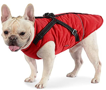 Dociote Hundemantel Hundejacke mit Geschirr & Reißverschluss gefütterter & wasserdichter Wintermantel Winterjacke für Winter für kleine mittelgroße Hunde Rot L