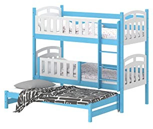 WNM Group Kinderbett Ausziehbar mit Rausfallschutz Suzie - aus Massivholz - Hochbett für Mädchen und Jungen - Absturzsicherung Ausziehbett - Kinderhochbetten 160x80 / 150x80 cm - Blau