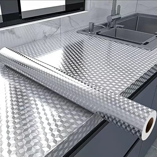 Waterproof & Oil-Resistant Aluminum Foil Peel & Stick Wallpaper - Silver Self-Adhesive Backsplash for Countertops, Cabinets, DIY Projects (Silver Chequer, 15.7x394)