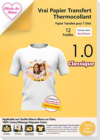 TransOurDream Klassisches Transferpapier – 12 Blatt x A4 Transferpapier für Textilien und weiße oder helle T-Shirts, zum Aufbügeln, transparenter Hintergrund, Tintenstrahldruck, Spiegelmodus,