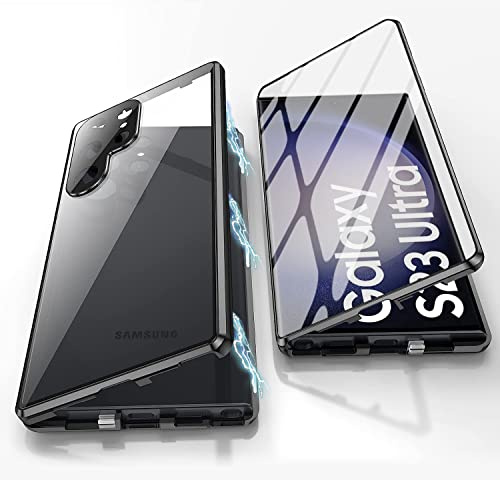 MIMGOAL Hülle für Samsung Galaxy S23 Ultra 5G 360 Grad Magnetisch Schwarz | Gehärtetes Glas vorne und hinten, Magnetischer Aluminiumrahmen, Integrierter Kameraschutz, Transparente Rückseite
