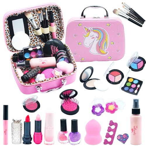 Mrabbitoo Kinderschminke Set Mädchen, Waschbar Schminke Kinder Schminkkoffer Spielzeug Kindern Makeup Set Rollenspiel Kosmetik Spielzeug Weihnachten Geschenk für Mädchen 4 5 6 7 8 9 10 11 12 Jahre