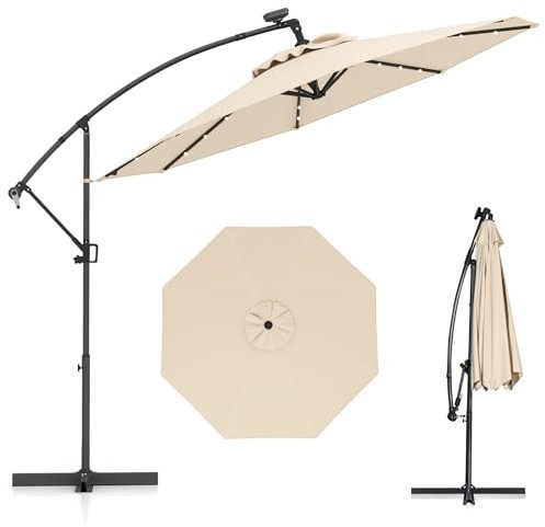 COSTWAY Ombrellone da Giardino ∅300 cm con 32 Luci LED, Ombrellone Prendisole con Rotazione di 360°, Inclinazione Regolabile, 8 Stecche, Manovella, per Giardino Piscina Cortile (Beige)