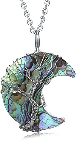 XIANNVXI Halskette Damen Silber Kette Kristalle Mondsichel Ketten Anhänger Kristall Kette Baum des Lebens Blaue Abalone Shell Natürliche Energie Edelsteine Schmuck Frauen Geschenk