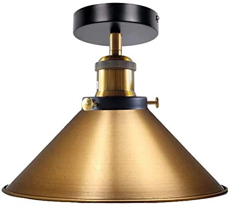 LEDSone E27 Flush Ceilings Light with 22cm Yellow Brass Conical Lampshade Easy to Fit Durable Metal Semi Flush Mount Ceiling Lighting for Bedroom, Kitchen, Dining Room, with EPC A+ Bulb