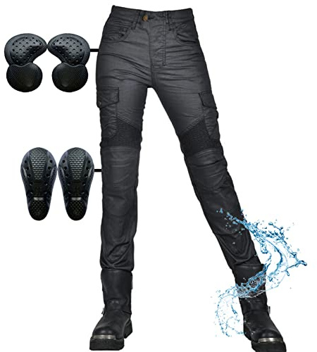 SHUOJIA Motorrad-Jeans-Schutzhose für Damen, winddicht, wasserdicht, beschichtete Motorradhose, mit 2 Paar Protect-Hüft- und Kniepolstern, abnehmbar, mehrere Taschen, Jean (Black,2XL)