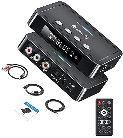 3 in 1 BT Adapter NFC BT5.0 Sender Empfänger FM Adapter Low Latency port U-Disk/TFCard/AUX/RCA/Optisch/Koaxial mit LED Digitalanzeige Fernbedienung für Autoradio/TV/PC/Audio/Heimkino/Projektor/