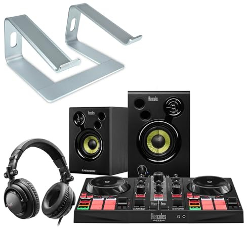 Hercules DJLearning Kit DJ-Set MKII + keepdrum Laptopständer Silberfarben