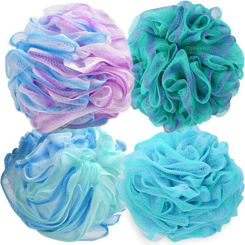 BANSHAN Exfoliating Bath Sponge – 75g/PCS Extra Large Shower Puff, Body Poufs, Shower Sponge, Shower Scrunchie Set of 4 Body Scrubbers