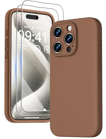 GOODVISH 3 in 1 für iPhone 15 Pro Hülle Liquid Silikon, mit 2 Stück Schutzfolie [Upgraded Kameraschutz] Soft Mikrofaserfutter Handyhülle Kratzfest stoßfeste Schutz Case für iPhone 15 Pro 6.1, Braun