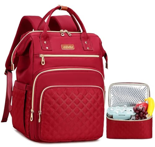 AIJIEKE Sac à dos pour ordinateur portable de 15,6 avec sac à déjeuner, sac à dos glacière pour femme, sac à dos avec compartiment pour boîte à déjeuner, Rouge, Medium, Moderne