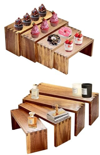 GYSYELL Set di 8 alzate in legno a 2 ripiani, rettangolari per spezie, organizer per alimenti, dessert, cupcake, organizer per profumi, trucchi, bambole e oggetti da collezione