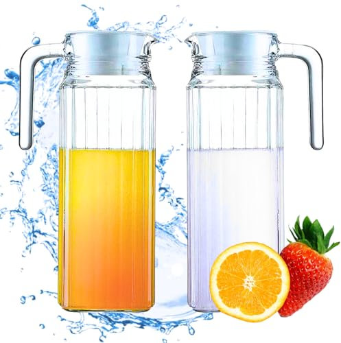 Glass Water Jugs with Lid, 2Pcs Water Jug for Fridge, 1.1L Fridge Jugs with Lid and Spill-Free Spout, Transparent Water Jugs Glass Pitcher for Hot/Cold Water Juice Milk Tea Coffee (2 Pcs-1.1L)