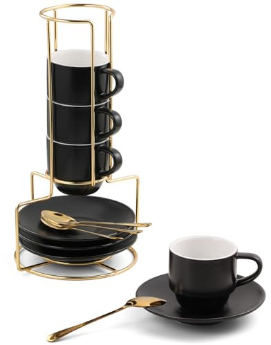 Lareina 3-Ounce Espresso Cups Set of 4, Small Stackable Coffee Cups with Saucers, Spoons and Metal Stand, Ceramic Demitasse Mugs, Espresso Accessories for Machine, Black