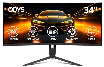 ODYS Gaming Monitor XP34 PRO-X - 34 Zoll (86 cm), Curved (1500R), 180 Hz, UWQHD (3.440x1.440 px), 1ms Reaktionszeit (MPRT), HDR, FreeSync/G-Sync komp., Eye Care, HDMI, DP, 3,5mm Audio
