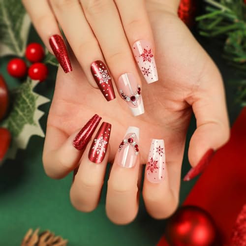 24PCS Künstliche Fake nails - Weihnachten Ballerina Press on Nails - Shimmer Rot Medium Coffin Falsche Nägel Tips mit Nagelkleber DIY Nagelkunst für Frauen (White Red with Snow)