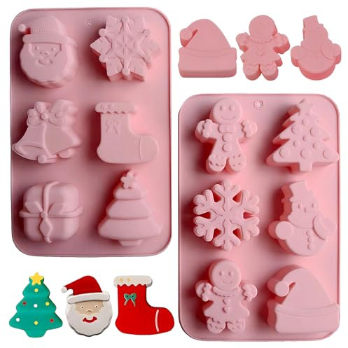Vulevirtue 2Pcs Silikonform Weihnachten,Weihnachten Silikonformen Backen,Backform Silikon, für Weihnachten Backen, Torten,Fondant, Lebkuchen, Schokolade, Gelee, Seife(12 Weihnachtselemente)