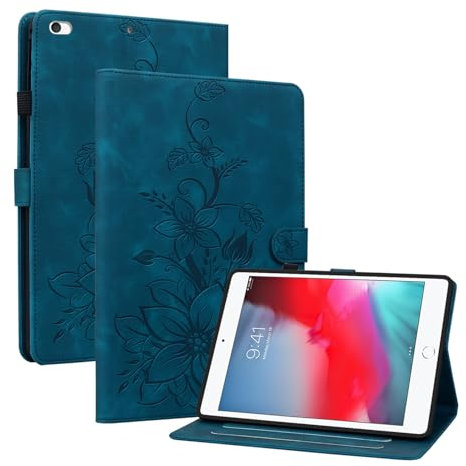 Rosbtib Coque pour iPad Mini 5/4/3/2/1 7.9 Pouces, iPad Mini 5. 4. 3. 2. 1. génération, Multi-Angles de Visualisation Housse de Protection en Similicuir avec Porte-Carte Couverture Motif Lys, Bleu