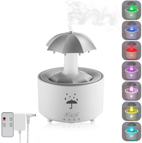 Rain Humidifier, 7 Colors Led Rotating Umbrella Aromatherapy Diffuser with Rain Sounds, 300ml Essential Oil Humidifier with Remote, Timer Settings & Auto Shut-Off for Bedroom Home Office (White)