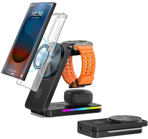 Magnetic Wireless Charger for Samsung Galaxy S25 Ultra S24, Foldable Magsafe Charger Stand, Samsung Watch Charger for Galaxy Watch Ultra 7 6 Galaxy Buds 2, 3 in 1 Travel Charging Station with Light