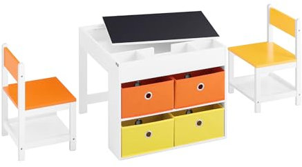SoBuy Kindertisch mit 2 Stühlen, Spieltisch mit 4 Aufbewahrungsboxen, Kinderschreibtisch, Vielseitiger Kindertisch für Kinder zum Essen, Lernen und Spielen, Weiß, 60x60x50cm, KMB75-K-W