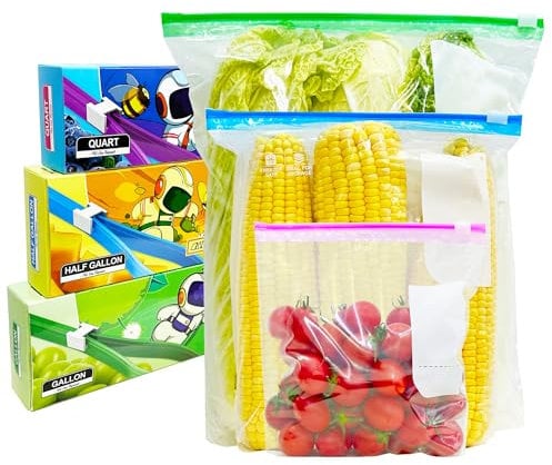 VAKOWOO Gefrierbeutel, 70 Pcs Zip Beutel, Gefrierbeutel mit Reißverschluss, Wiederverwendbar Zipper Beutel mit Erweiterbarer Boden, Frischhaltebeutel für Obst, Gemüse, Fleisch, Getreide, Snacks