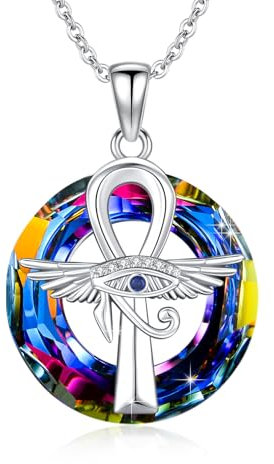 ABIGY Ankh Kette 925 Sterling Silber Auge des Horus Anhänger Halskette mit Kristall Engel Flügel Kreuz Schutz Halskette Ägypten Schmuck Geschenk Ägyptisches Kreuz Anhänger für Damen