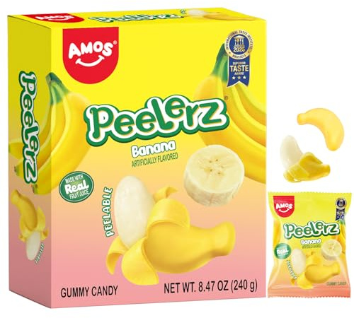 AMOS Peelerz Bananen Fruchtgummis, schälbar, einzeln verpackt, 240g | Zweischichtige Textur, echter Fruchtgeschmack, 3D Bananenform, ideal für Partys, Kindergeburtstage & kleine Mitbringsel
