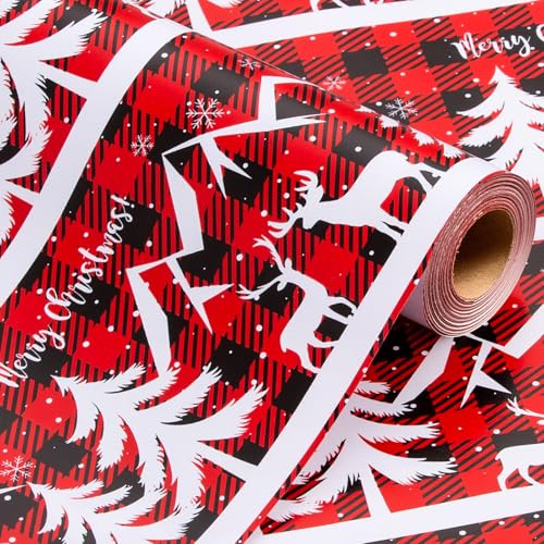Wikadlik Weihnachts-Geschenkpapier – Mini-Rolle – Weißer Berg Rentier Baum und schwarz-rotes Karomuster Geschenkpapier für Winterurlaub festliche Party – 43 cm x 10 m