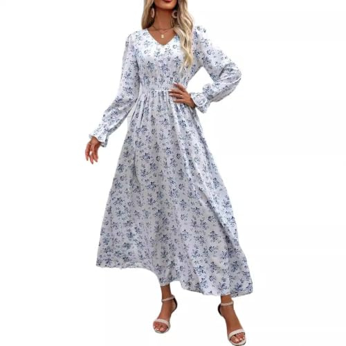 fdsmall Women's Floral Boho Midi Dress Long Sleeve V Neck Flowy Casual Dress Elastic Hight WAIS A-Line Beach Maxi Dresses (UK, Alpha, S, Regular, Regular, White)
