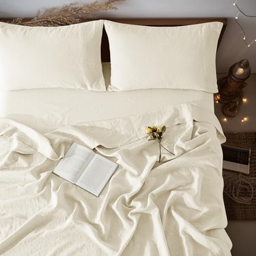 LBRO2M Bettlaken-Set, 100% Leinen, 40,6 cm tief, für King-Size-Bett, einfarbig, natürliches Flachs, weich, atmungsaktiv, für alle Jahreszeiten, Kingsize, Beige