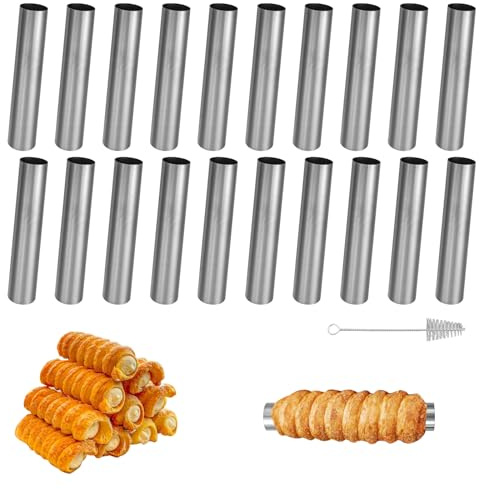 TTQiAnJ 20 Stück Cannoli Backform,Edelstahl Cannoli Röhrchen 12 x 2cm,Antihaft Schillerlockenform mit Reinigungsbürste Schaumrollenformen für Sahnehorn Croissant Backform,Silber