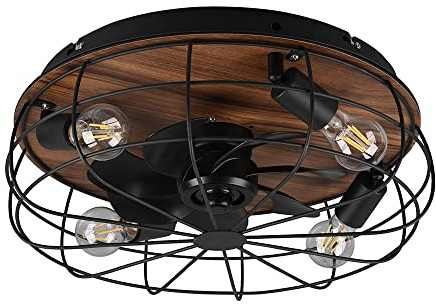 Deckenventilator mit Fernbedienung Deckenlampe Schlafzimmerlampe Wohnzimmerleuchte Kühler Lüfter, Metall schwarz Holzoptik, 3 Geschwindigkeiten Timer, 4x E27, D 48 cm