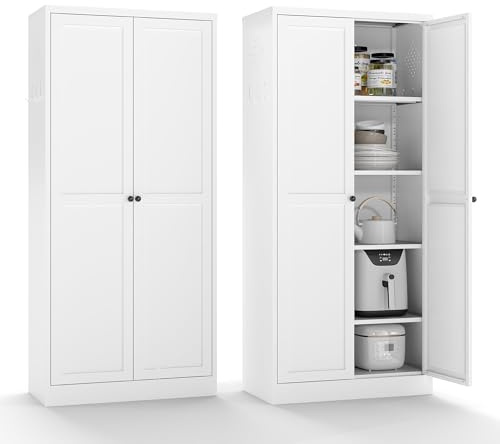 AQY Kitchen Pantry Cabinet,61 White Pantry Storage Cabinet with 4 Tier Adjustable Shelves and 2 Doors,Freestanding Cupboard,Metal Pantry Cabinets with Handle for Living Room Kitchen Assembly Required