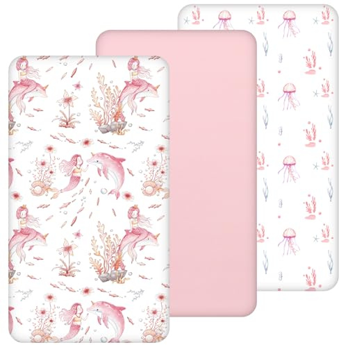 Yukkidds Spannbettlaken 70x140cm Baby 3er-Pack Bettlaken Für Babybett Atmungsaktiv Mikrofaser Elastizität Spannbettlaken Beistellbett Rosa Meerjungfrau
