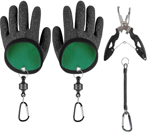 JINXIAN 1 Paar Handschuhe Angeln Anti Schnitt Wasserdicht Angelzubehör | mit 2 Magnetic Buckle und Angelzange Feder Schlüsselband für Landehandschuh Hecht Zander Wels