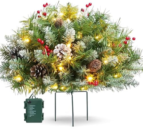 Holiday Planter Decorations, Pre-Lit Artificial Christmas Tree Urn Filler, Lighted Holiday Planter Filler with LED Lights, Outdoor Christmas Decoration with Tripod Stake for Porch, Yard, Garden