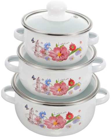 Toyvian Olla De Cocina Esmaltada Doble Asa, Mini Tamaño Portátil, Resistente Al Desgaste, Olla De Sopa Vintage, Uso Doméstico Para Guisos y Sopas, Incluye Tapa, Juego De 3 Piezas