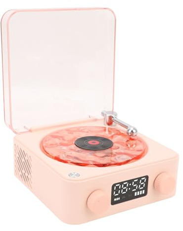 SIXRUN Vintage-Plattenspieler-Lautsprecher, Stilvolles Design mit Nachtlicht und Uhr für Zuhause und Schlafzimmer (PINK)