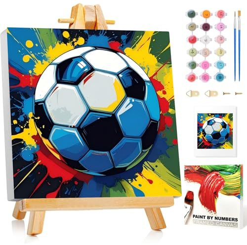 Fußball Malen Nach Zahlen Kinder mit Rahmen, Fußball Malen Nach Zahlen Kinder ab 5 6 7 8 9 10 Jahre, Malset Geschenk für Mädchen und Jungen - 20x20cm Mit Staffelei