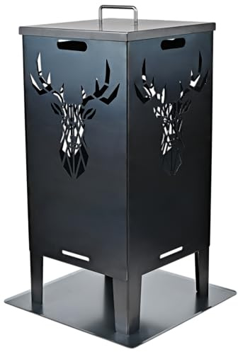 SOUK ONE Feuertonne Hirsch & Löwe - Massive Feuerkorb Feuerschale aus Stahl Outdoor Firepit mit Motiv Stabil, Wetterfest, Perfekt für Garten, Terrasse Funkenflugschutz Cut-Out Design (78cm Hirsch Set)